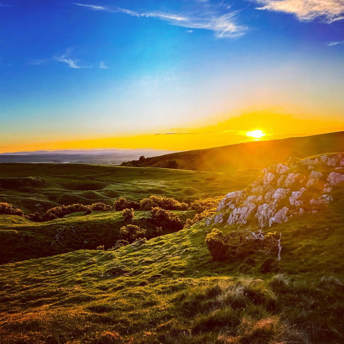 The sun low over rolling green hills with gorse bushes and pale limestone, under a blue and gold sky.