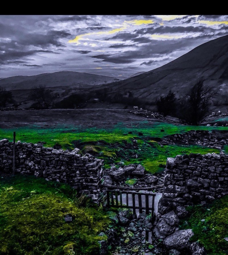 A gap in a dry-stone wall with a small gate and a stream, the bright green moss picked out against a grey, moody scene.